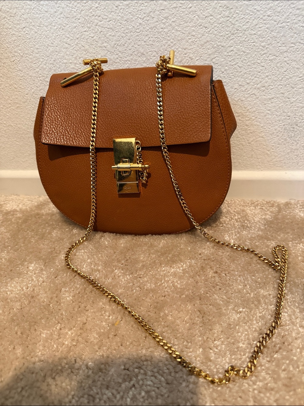 Chloe Tan Leather Saddle Crossbody with Gold Hardware